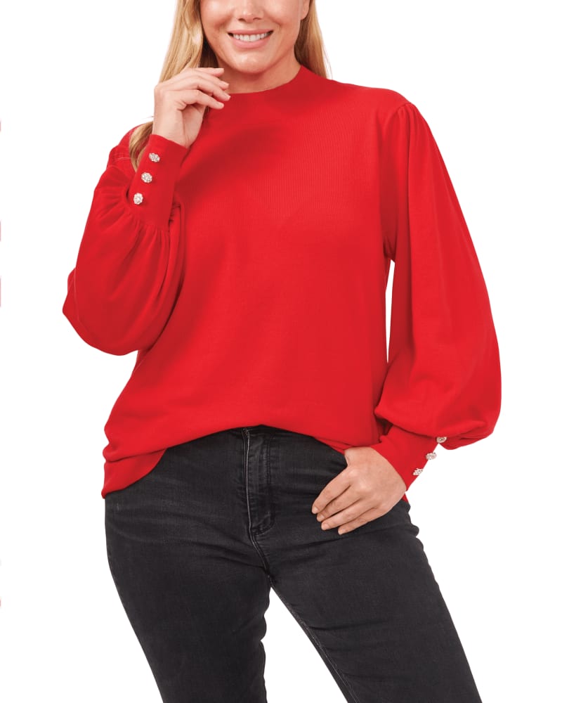 Front of a model wearing a size 1X Josie Puff -Sleeve Sweater in 615-LUMINOUS RED by CeCe. | dia_product_style_image_id:263442